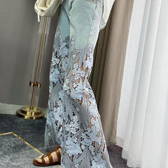 Lace Stitching Wide Leg High Waist Blue Jeans - Trendy Mix