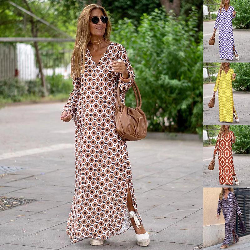 Summer Geometric V-Neck Long Dress - Trendy Mix