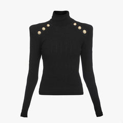 Pullover Black Long-sleeved Knitted Turtleneck Fleece Blend Slim Top - Trendy Mix