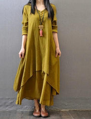V Neck Retro Linen-Cotton Dress - Trendy Mix
