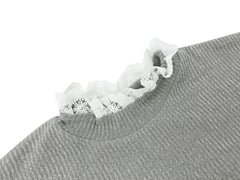 Round neck lace floral gray long-sleeved top - Trendy Mix