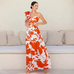 2024 Women's One Shoulder Ruffle Print One Piece Swimsuit - Beachwear - Trendy Mix