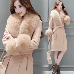 Women's long lace-up fur collar coat - Trendy Mix