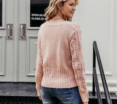 Women's flower T-shirt casual hollow cardigan crew neck - Trendy Mix