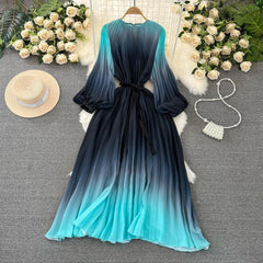 Mid-length A- Line Gradient Pleated Dress - Trendy Mix