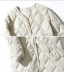 Women's Fashionable Elegant Rhombus V-neck White Duck Down Casual Jacket - Trendy Mix