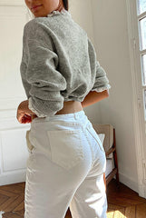 Round neck lace floral gray long-sleeved top - Trendy Mix