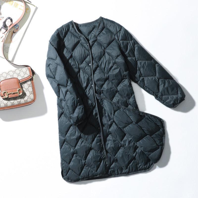 Women's Fashionable Elegant Rhombus V-neck White Duck Down Casual Jacket - Trendy Mix