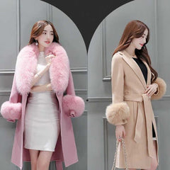 Women's long lace-up fur collar coat - Trendy Mix