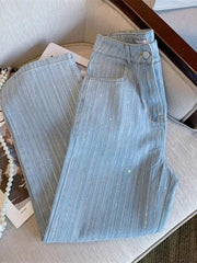 Striped Rhinestone High Waist Wide Leg Jeans - Trendy Mix