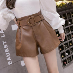 Women's High Waist Wide Leg Leather Shorts - Trendy Mix
