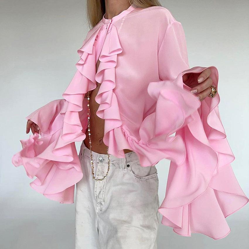 Design Ruffled Long Sleeve Shirt - Trendy Mix