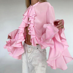 Design Ruffled Long Sleeve Shirt - Trendy Mix
