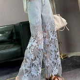 Lace Stitching Wide Leg High Waist Blue Jeans - Trendy Mix