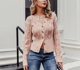 Women's flower T-shirt casual hollow cardigan crew neck - Trendy Mix