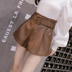Women's High Waist Wide Leg Leather Shorts - Trendy Mix