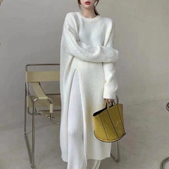 Autumn And Winter Loose Side Slit Long Knitted Sweater Dress - Trendy Mix