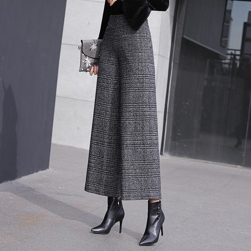 High Waist Coarse Flower Plaid Wide Leg Pants - Trendy Mix