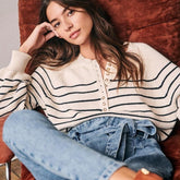 Women's Fashion Vintage Button Striped Long Sleeve Round Neck Puff Sleeve Sweater - Trendy Mix