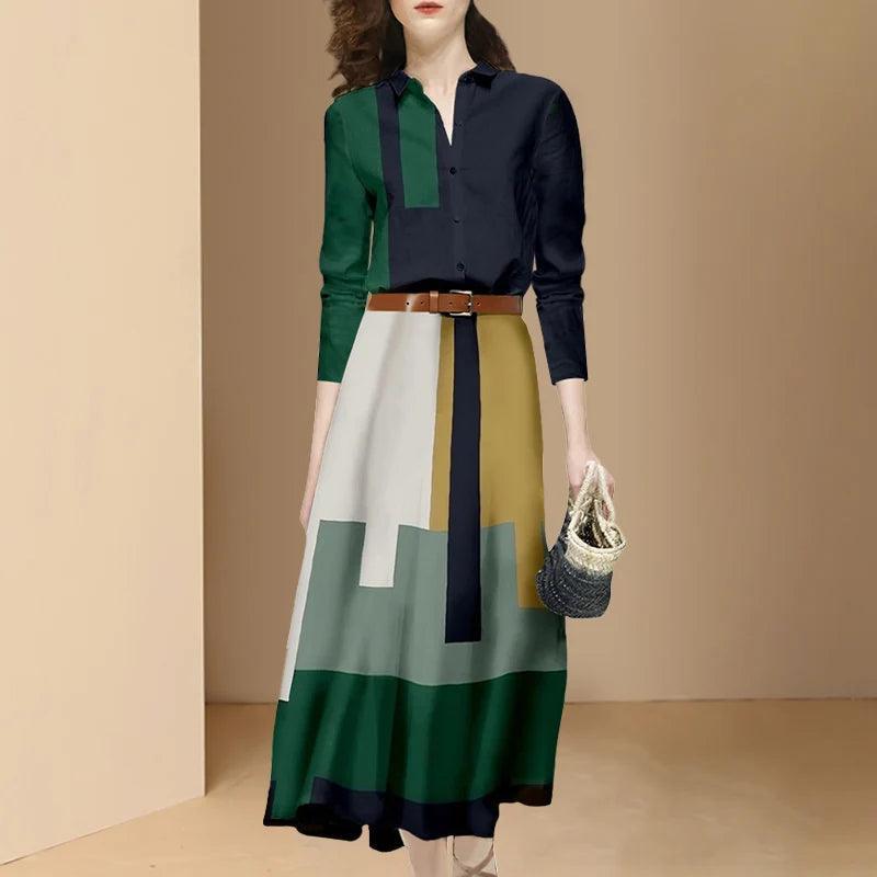 New Fashion Office Suits Women Spring Fall Long Sleeve Hit Color Shirts Top&High Waist Midi A Line Belt Slim Skirt Two Piece Set - Trendy Mix