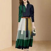 New Fashion Office Suits Women Spring Fall Long Sleeve Hit Color Shirts Top&High Waist Midi A Line Belt Slim Skirt Two Piece Set - Trendy Mix