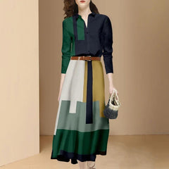 New Fashion Office Suits Women Spring Fall Long Sleeve Hit Color Shirts Top&High Waist Midi A Line Belt Slim Skirt Two Piece Set - Trendy Mix