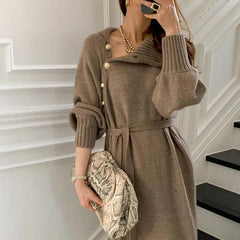 2024 Turtleneck Knitted Dress with Button Details - Trendy Mix