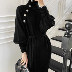 2024 Turtleneck Knitted Dress with Button Details - Trendy Mix