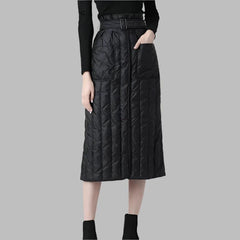 Women Winter Down Skirt High Waist A-Line Warm White Duck Down Skirts With Pockets Belt Lace-Up Plus Size Lady Casual Long Skirt - Trendy Mix