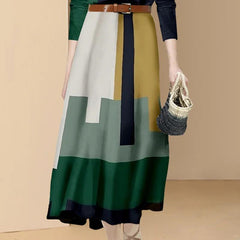 New Fashion Office Suits Women Spring Fall Long Sleeve Hit Color Shirts Top&High Waist Midi A Line Belt Slim Skirt Two Piece Set - Trendy Mix