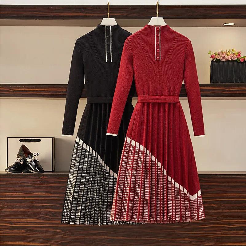 Office Lady Autumn Red Black Knitting Sweater Dress Women's Elegant Houndstooth Patchwork Pleated Knit Dress Plus Size Vestidos - Trendy Mix