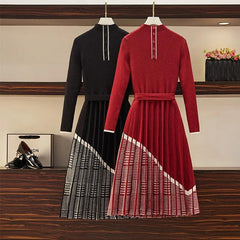 Office Lady Autumn Red Black Knitting Sweater Dress Women's Elegant Houndstooth Patchwork Pleated Knit Dress Plus Size Vestidos - Trendy Mix