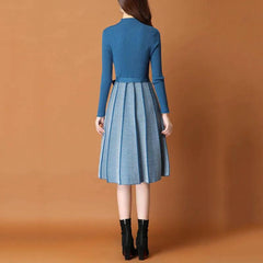 Vintage Elegant Knitted Sweater Pleated Dresses New Winter Women Long Sleeve Office Lady Casual Midi - Trendy Mix