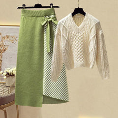 Women Autumn Winter Warm Knitted Two Pieces Sets Korean Long Sleeve Pullover Sweater Top And High Waist Skirts Sets - Trendy Mix