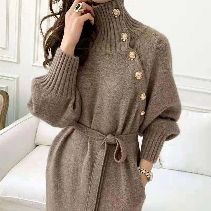 2024 Turtleneck Knitted Dress with Button Details - Trendy Mix