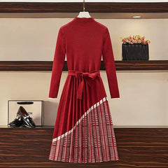 Office Lady Autumn Red Black Knitting Sweater Dress Women's Elegant Houndstooth Patchwork Pleated Knit Dress Plus Size Vestidos - Trendy Mix