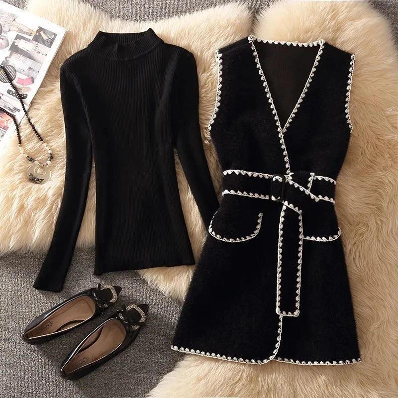 Korean Belted Mid-Length Vest Jacket Women Spring Fashion Design Waistcoat+Half Turtleneck Sweater Chic Vest Suit 2 Piece Sets - Trendy Mix