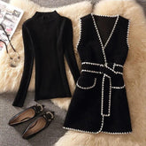 Korean Belted Mid-Length Vest Jacket Women Spring Fashion Design Waistcoat+Half Turtleneck Sweater Chic Vest Suit 2 Piece Sets - Trendy Mix