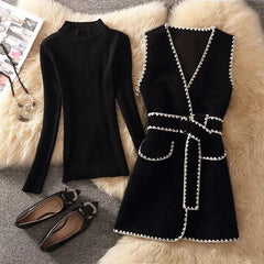 Korean Belted Mid-Length Vest Jacket Women Spring Fashion Design Waistcoat+Half Turtleneck Sweater Chic Vest Suit 2 Piece Sets - Trendy Mix