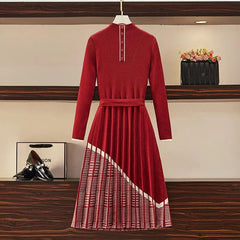 Office Lady Autumn Red Black Knitting Sweater Dress Women's Elegant Houndstooth Patchwork Pleated Knit Dress Plus Size Vestidos - Trendy Mix