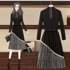 Office Lady Autumn Red Black Knitting Sweater Dress Women's Elegant Houndstooth Patchwork Pleated Knit Dress Plus Size Vestidos - Trendy Mix