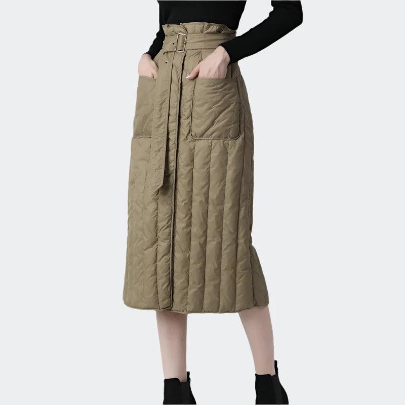 Women Winter Down Skirt High Waist A-Line Warm White Duck Down Skirts With Pockets Belt Lace-Up Plus Size Lady Casual Long Skirt - Trendy Mix