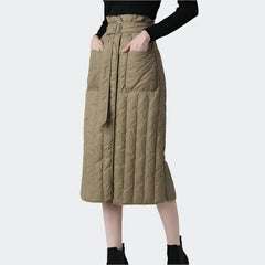 Women Winter Down Skirt High Waist A-Line Warm White Duck Down Skirts With Pockets Belt Lace-Up Plus Size Lady Casual Long Skirt - Trendy Mix