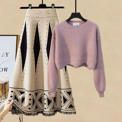 Women Autumn Winter Warm Knitted Two Pieces Sets Korean Long Sleeve Pullover Sweater Top And High Waist Skirts Sets - Trendy Mix