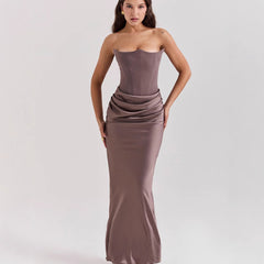 Satin Pleated Patchwork Bandeau Dress