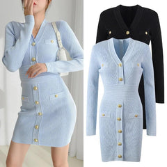 Knitted V-Neck Long Sleeve Dress - Trendy Mix