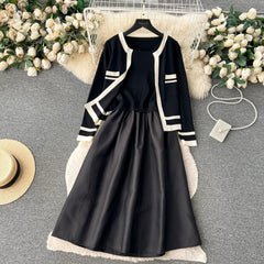 Chic Two-Piece Patchwork Coat & Dress - Trendy Mix