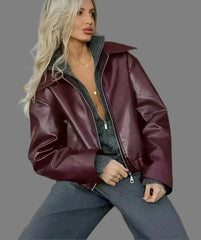 Faux Leather Lapel Jacket with Zipper - Trendy Mix