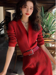 2024 High-End V-Neck Slimming Knit Dress - Trendy Mix