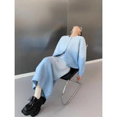 Women Two-piece Set of Retro Blue Gradient Sweater Top Knitted Half Skirt Small Fragrant Style Set - Trendy Mix